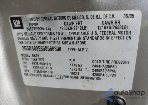 2005 Buick Rendezvous Cx from USA, damaged, VIN 3G5DA03E85S566890